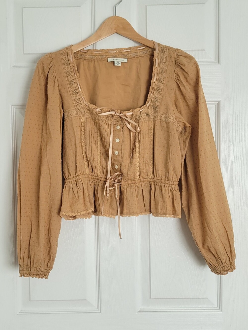 American Eagle Outfitters Mustard-Tan Peasant Blouse with Tie Front